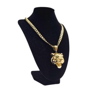JUEGO DE CADENA DE ORO 10 KT HECHA A MANO ESLABÓN BORDADO + DIJE DE ORO 10 KT CABEZA DE JAGUAR ESTRUCTURA HUECA